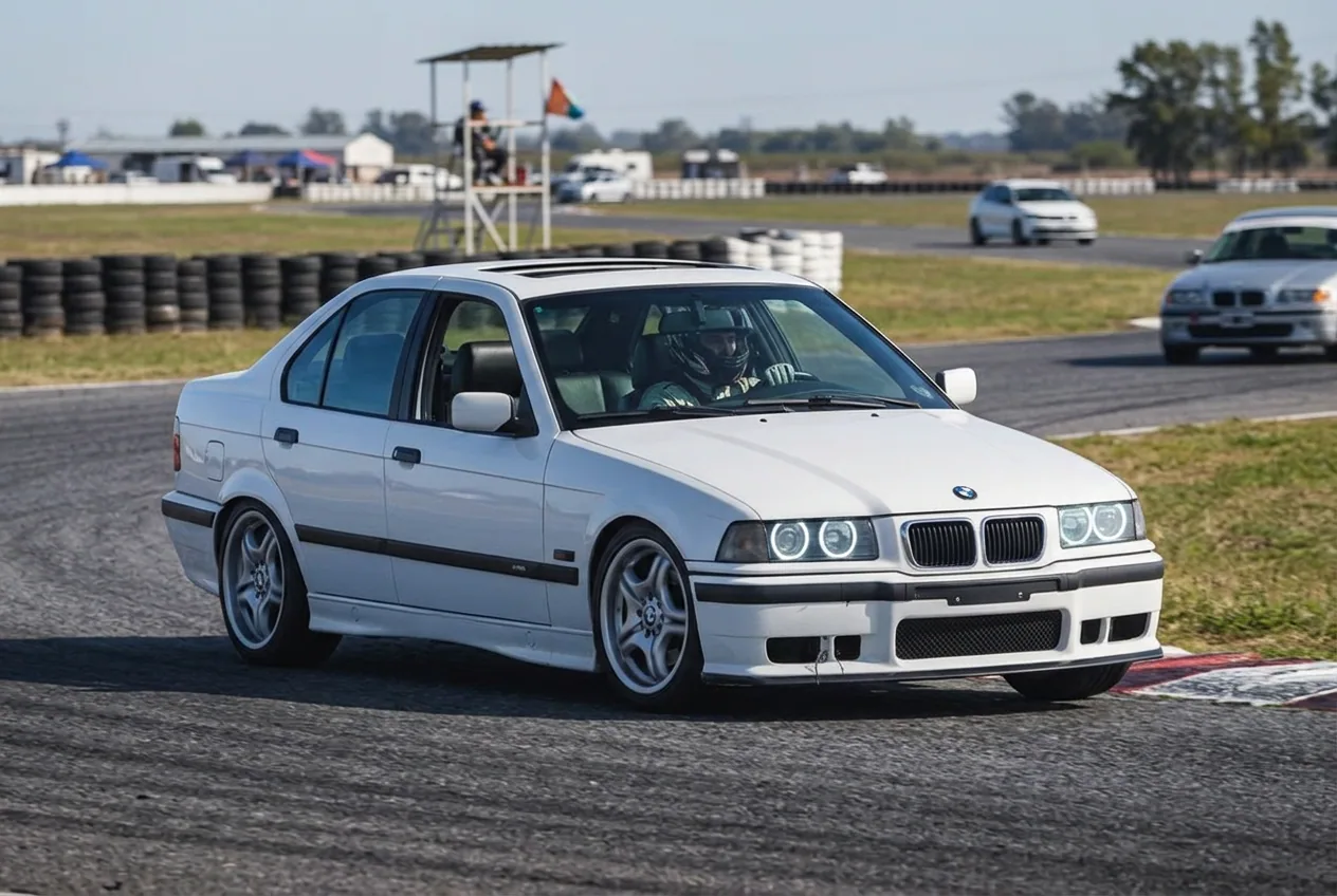 BMW E36 blanco trazando limpio y con agarre en la curva, buscando el mejor tiempo por vuelta en un track day