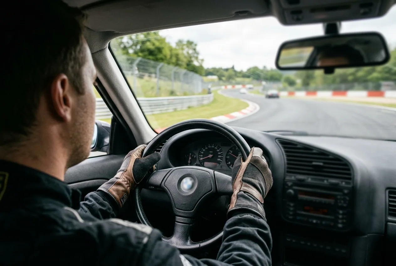 Vista desde el asiento del conductor: las manos al volante de un BMW E36 con la pista por delante