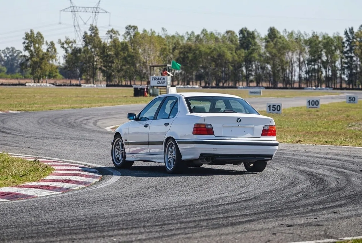 BMW E36 blanco frenando junto a los carteles de referencia: el track day ensena puntos de frenaje y trazada