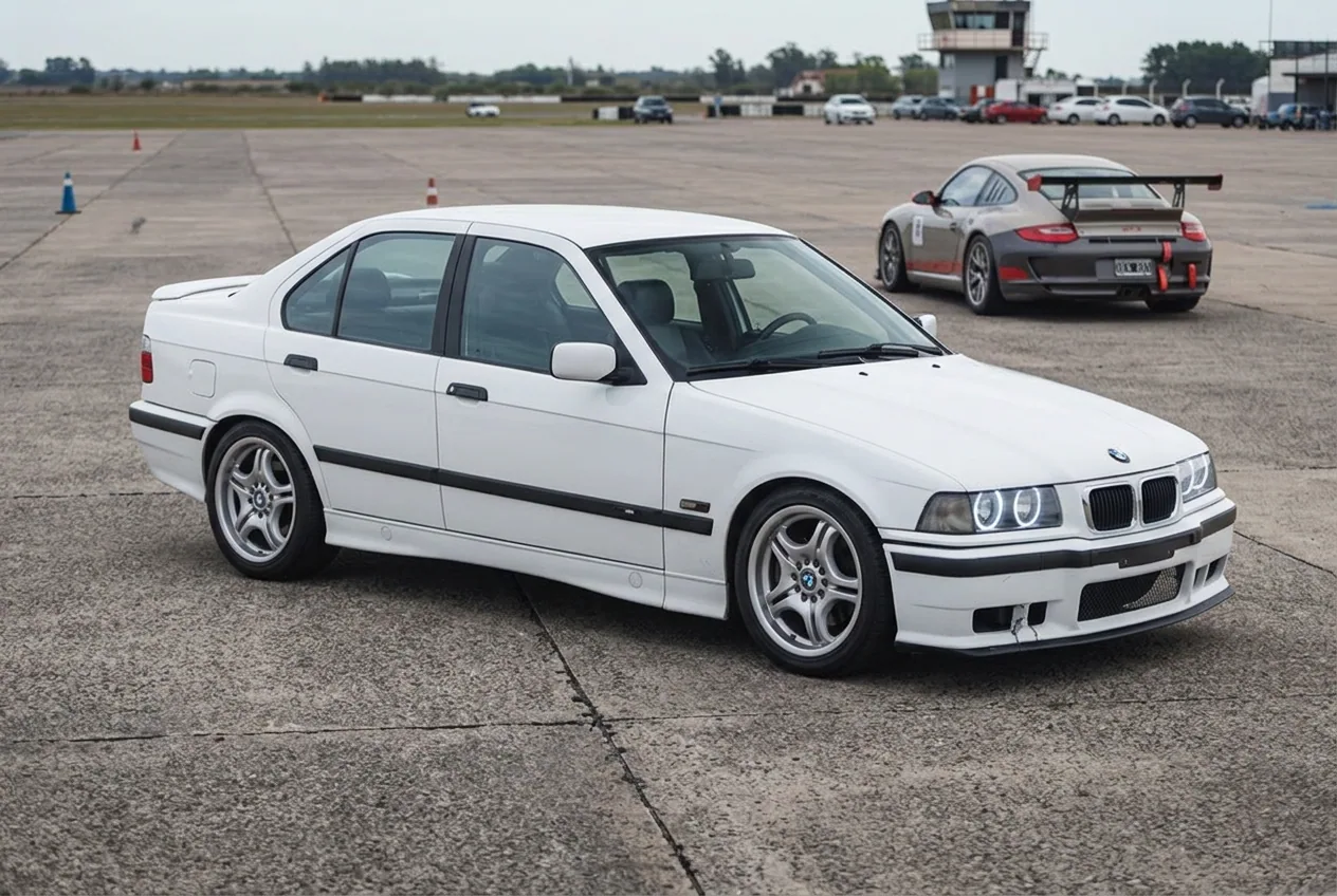 BMW E36 blanco de drift junto a un auto mas preparado para pista: cada disciplina pide un auto distinto