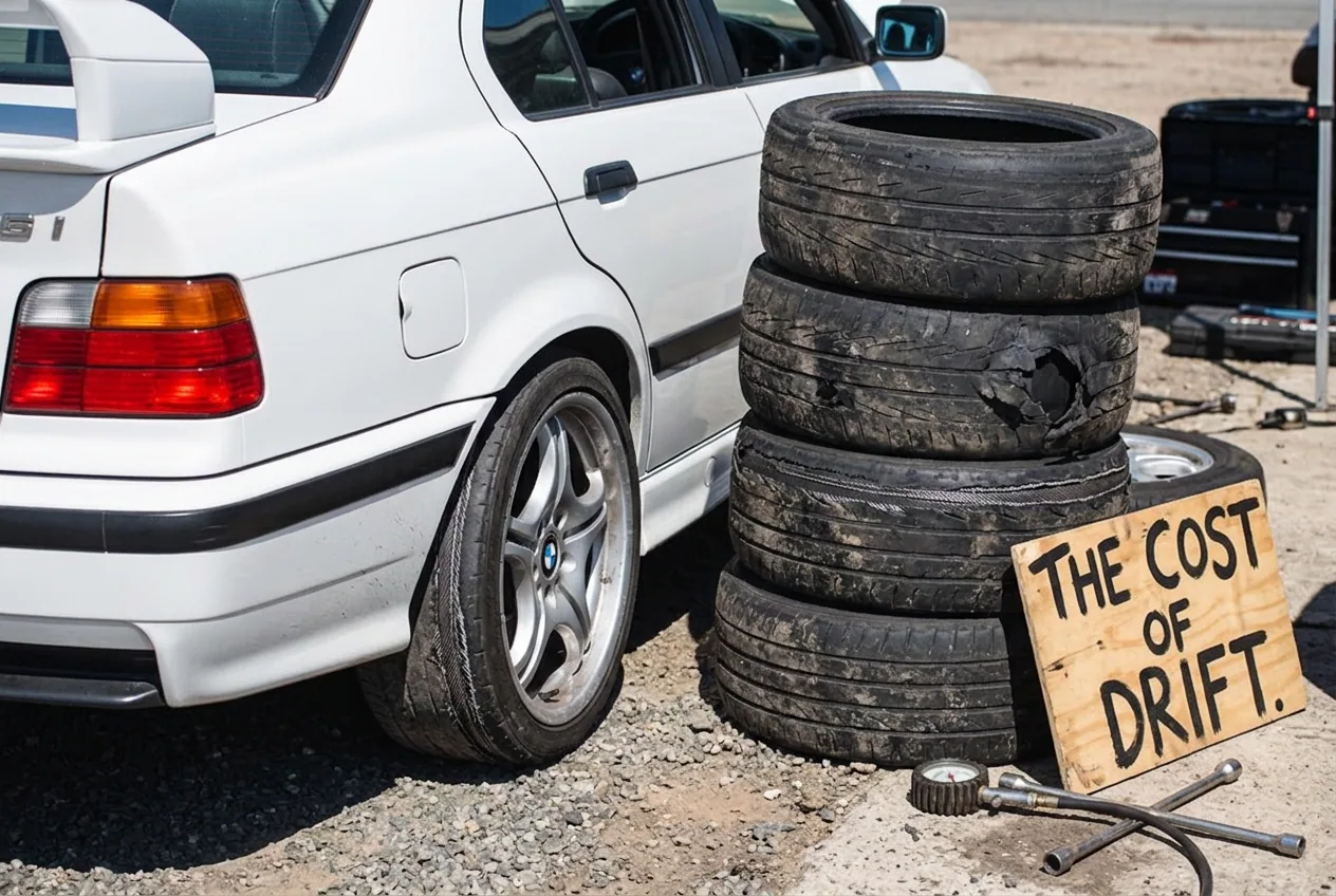 Pila de neumaticos gastados junto a un BMW E36 blanco: el costo real del drift son las cubiertas