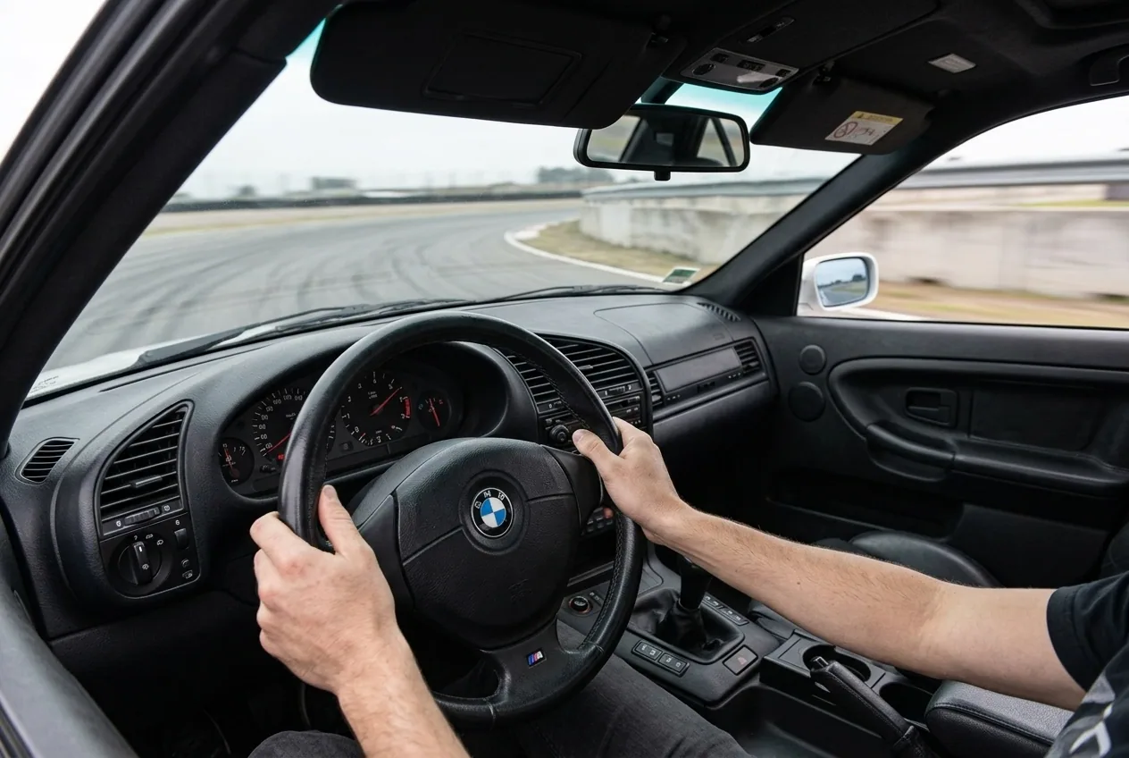 Vista desde el interior del BMW E36 con las manos en el volante contravolanteando en una clase de drift