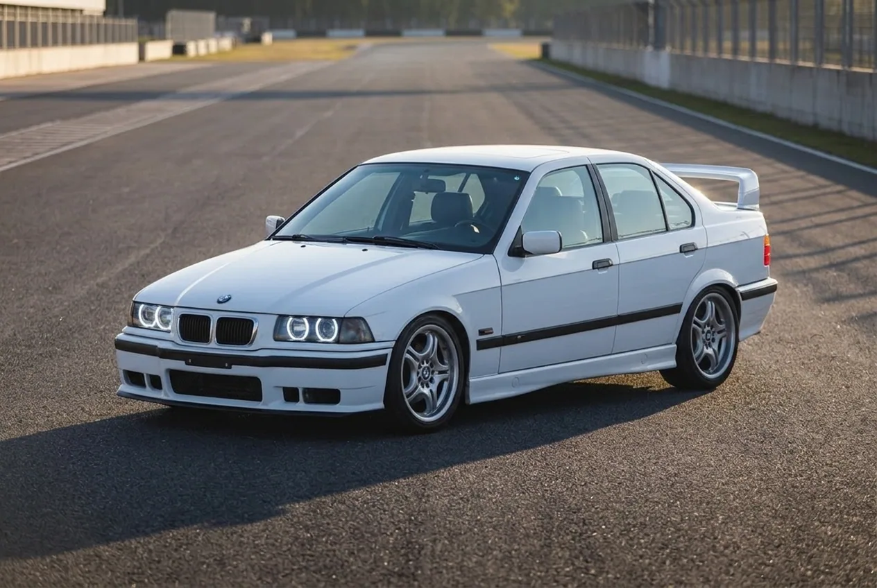BMW E36 blanco de la escuela de drift en Buenos Aires fotografiado en la pista vacia