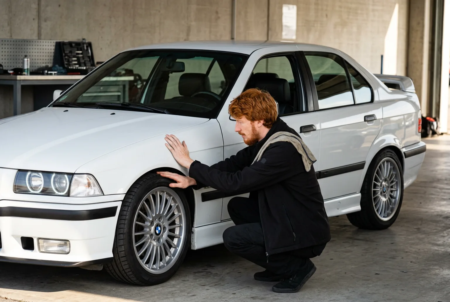 Instructor pelirrojo en cuclillas revisando una goma del BMW E36 blanco con un pano al hombro, en el taller junto a la pista