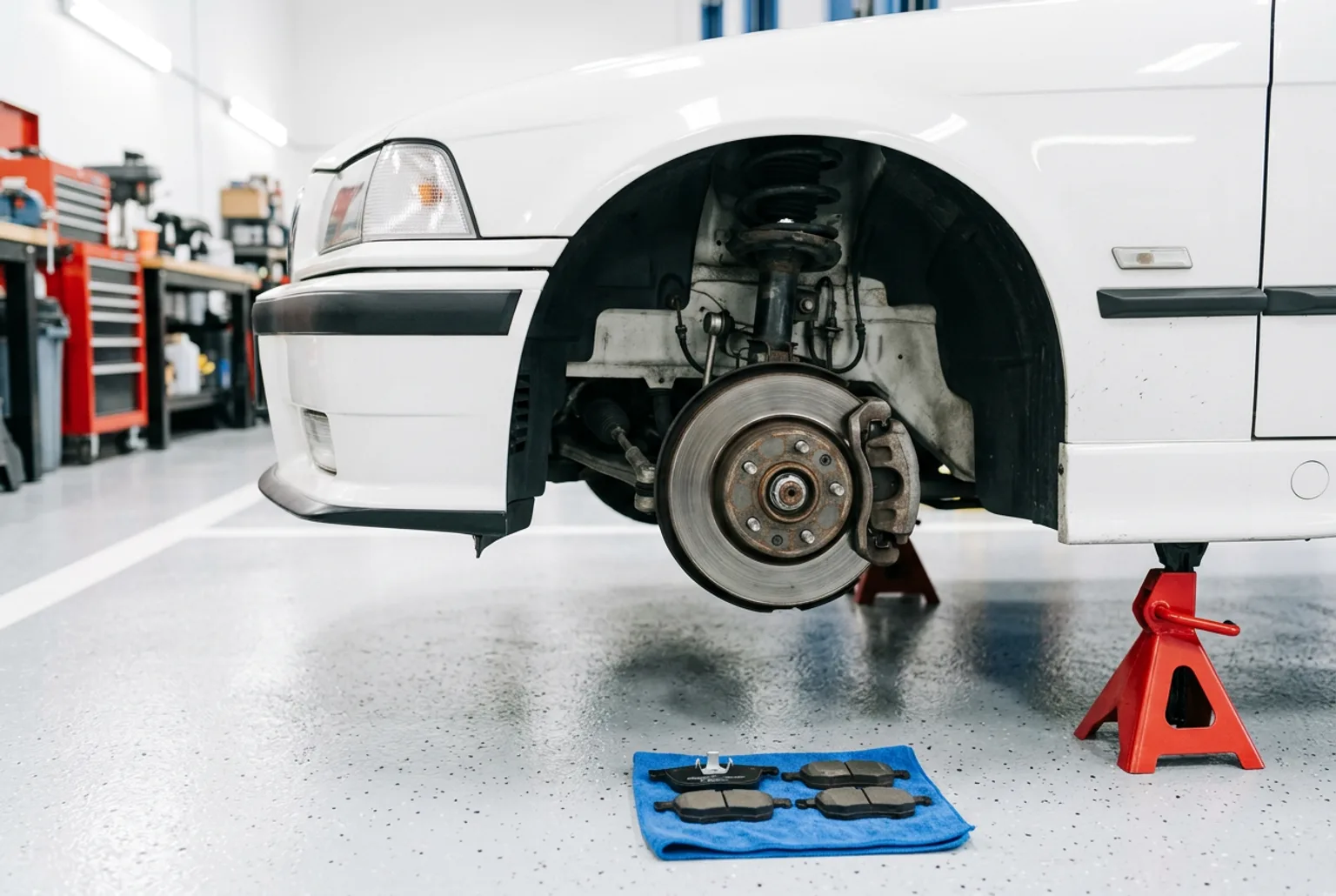Rueda delantera del BMW E36 desmontada en el taller mostrando el disco ventilado y el caliper, con pastillas nuevas sobre un pano azul