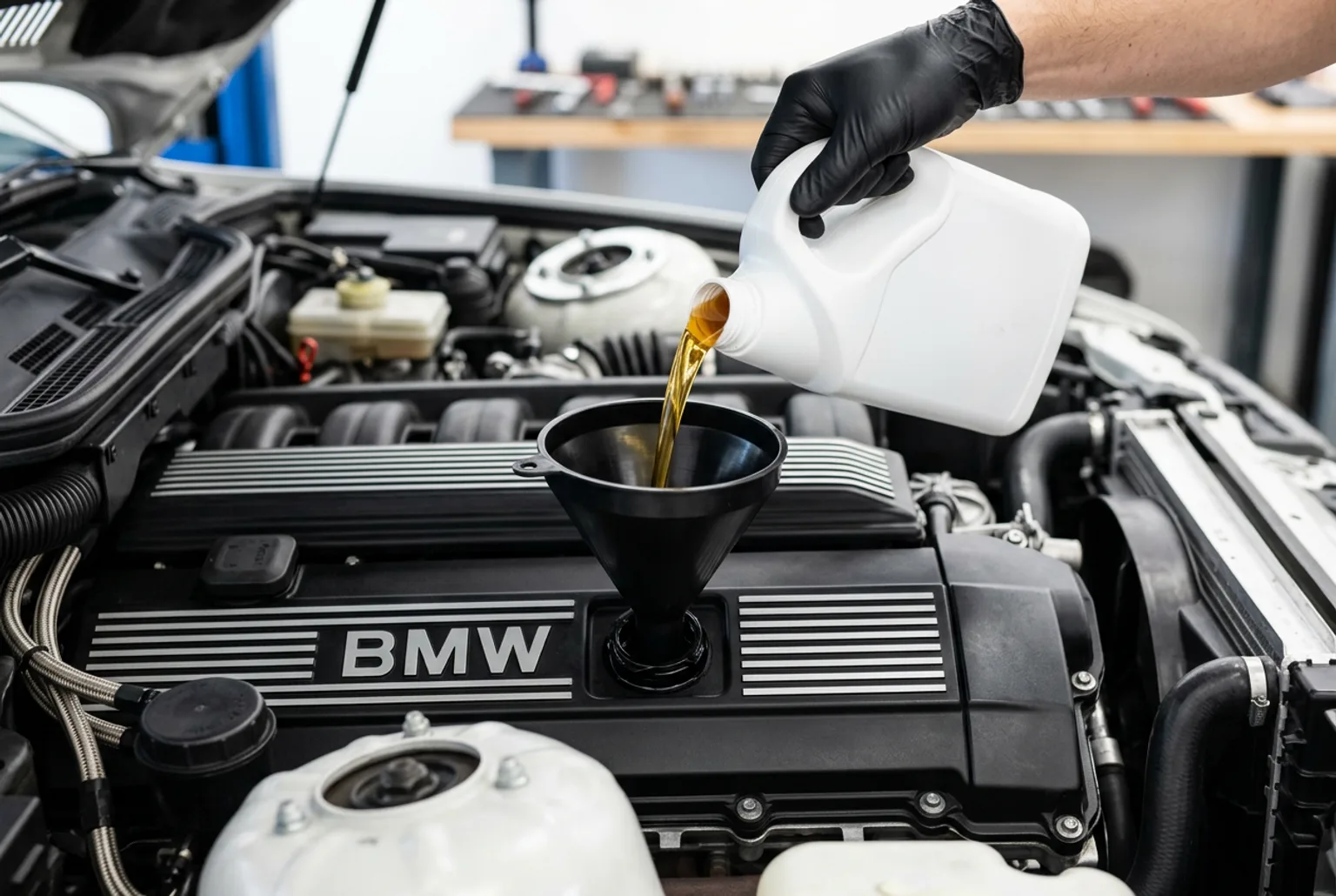 Aceite dorado cayendo por un embudo negro hacia la tapa de valvulas del seis en linea BMW durante un cambio de aceite en el taller