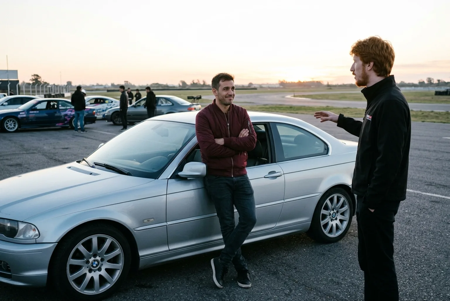 Dueno de un BMW E46 coupe plateado apoyado en la puerta charlando con el instructor pelirrojo en el paddock a primera hora
