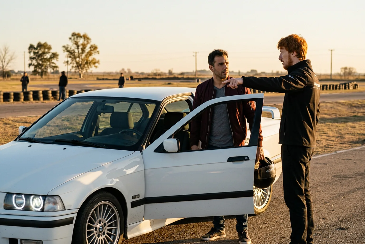 Alumno de campera bordo con casco en la mano junto a la puerta abierta del BMW E36 blanco mientras el instructor pelirrojo senala la pista al atardecer