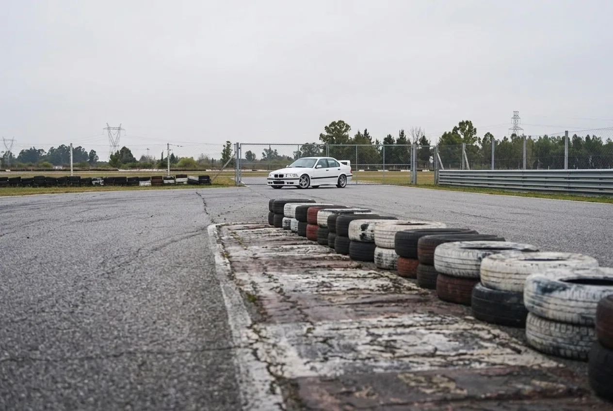 Circuito cerrado privado de drift en Buenos Aires con el BMW E36 blanco al fondo y barreras de neumaticos
