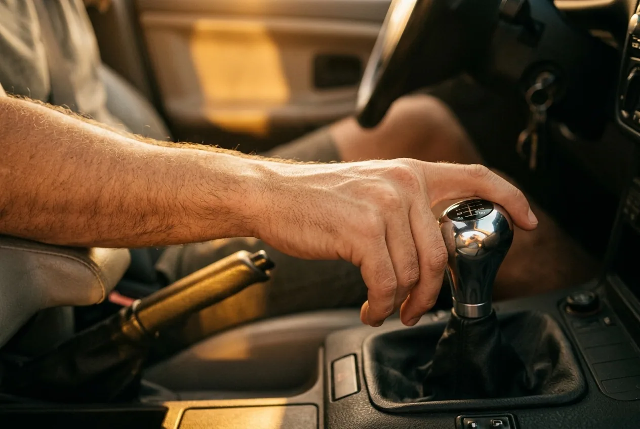 Mano sobre la palanca de cambios manual del BMW E36 durante una clase de drift en Buenos Aires