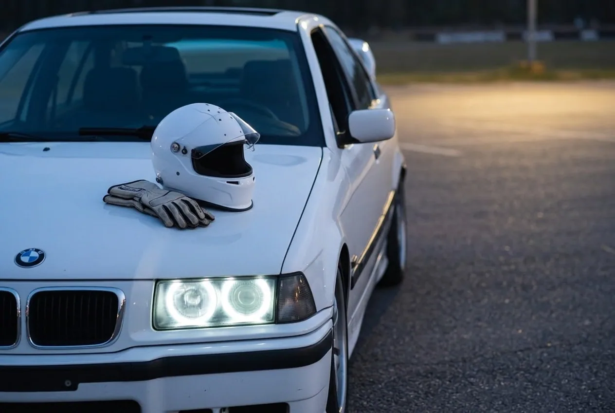 Casco integral talle chico y guantes apoyados sobre el BMW E36 blanco, equipo de seguridad para menores