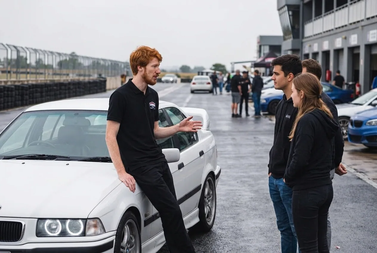Instructor pelirrojo explicando a una pareja joven junto al BMW E36 blanco en el paddock de drift