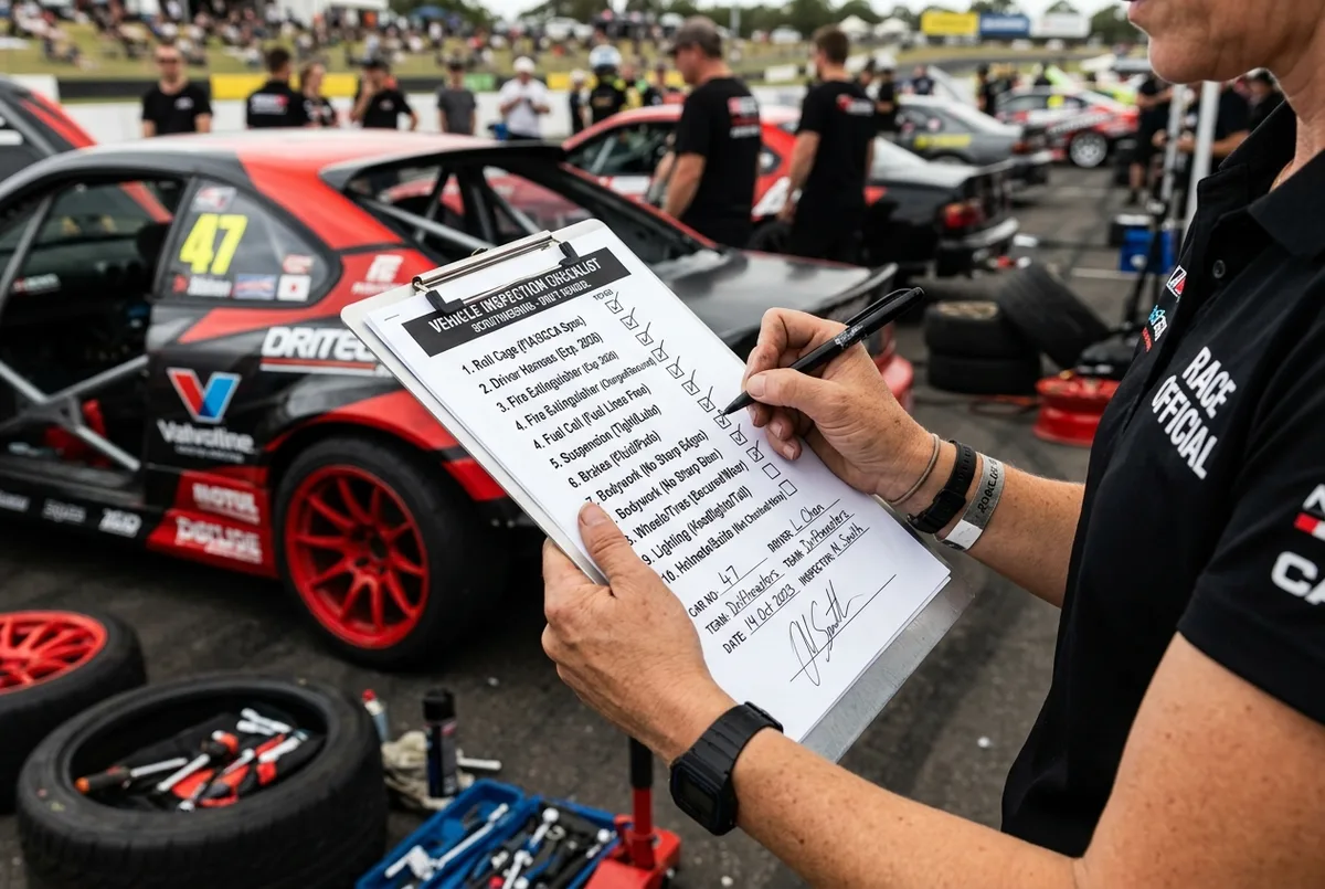 Checklist sobre un volante de auto de drift preparado con jaula y arnes — criterios para elegir escuela de drift