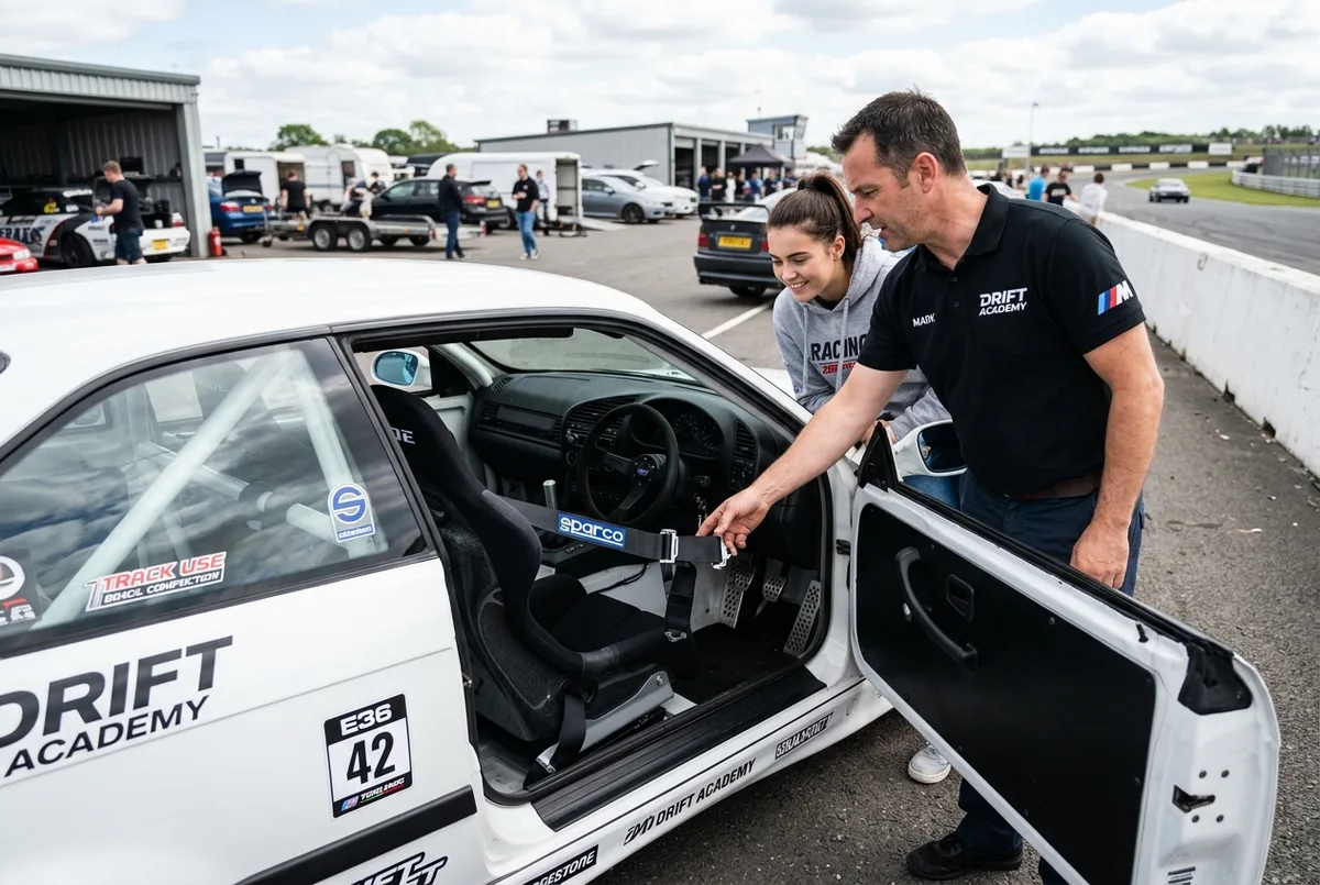 Instructor de drift junto a un alumno revisando el plan de la clase antes de salir a pista cerrada