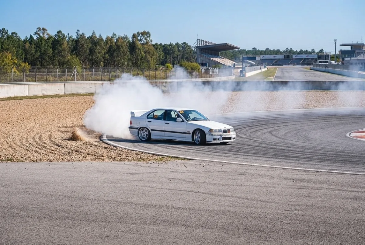 BMW E36 derrapando en pista cerrada con instructor al lado — una escuela de drift que cumple los 7 criterios