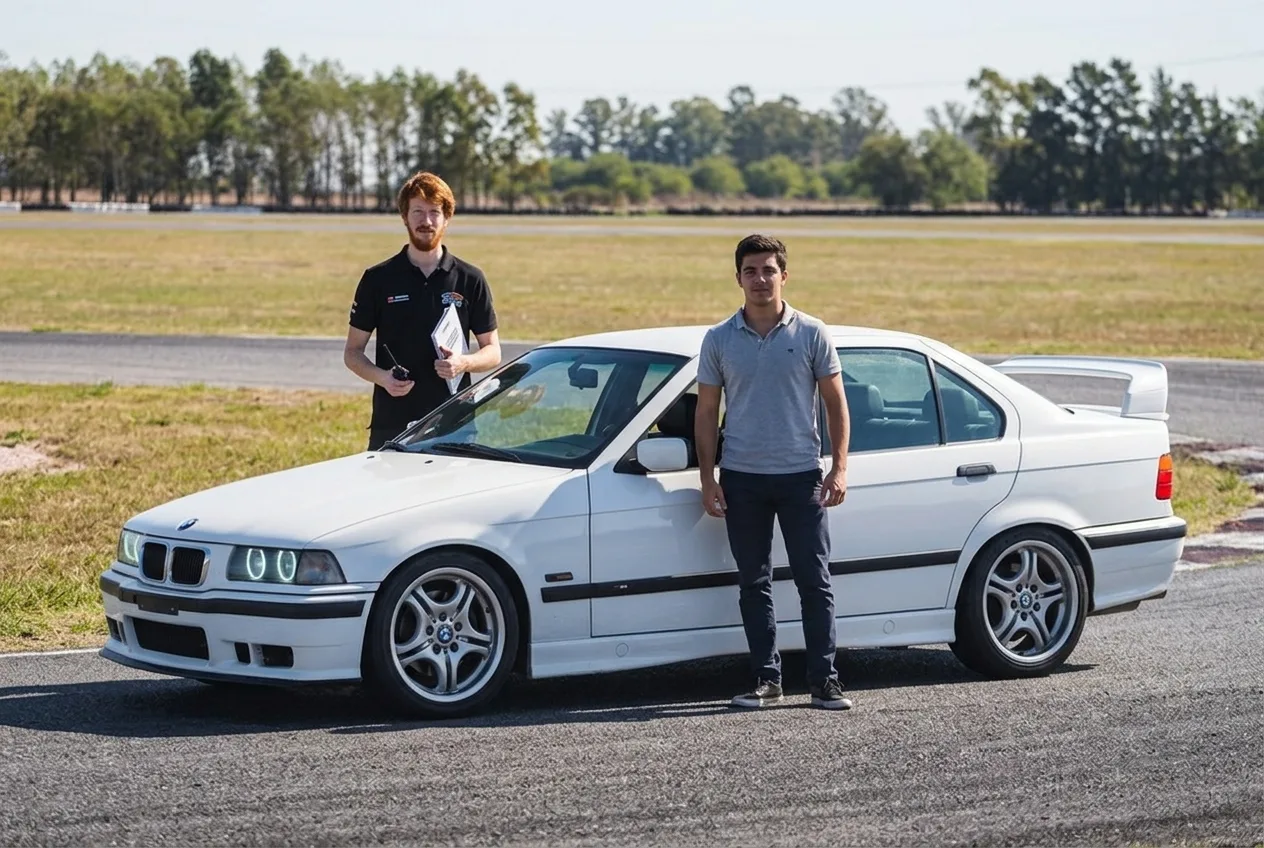 Persona sola coordinando su primera clase de drift en BMW E36 junto al instructor en la pista cerrada de Buenos Aires, sin grupo alrededor