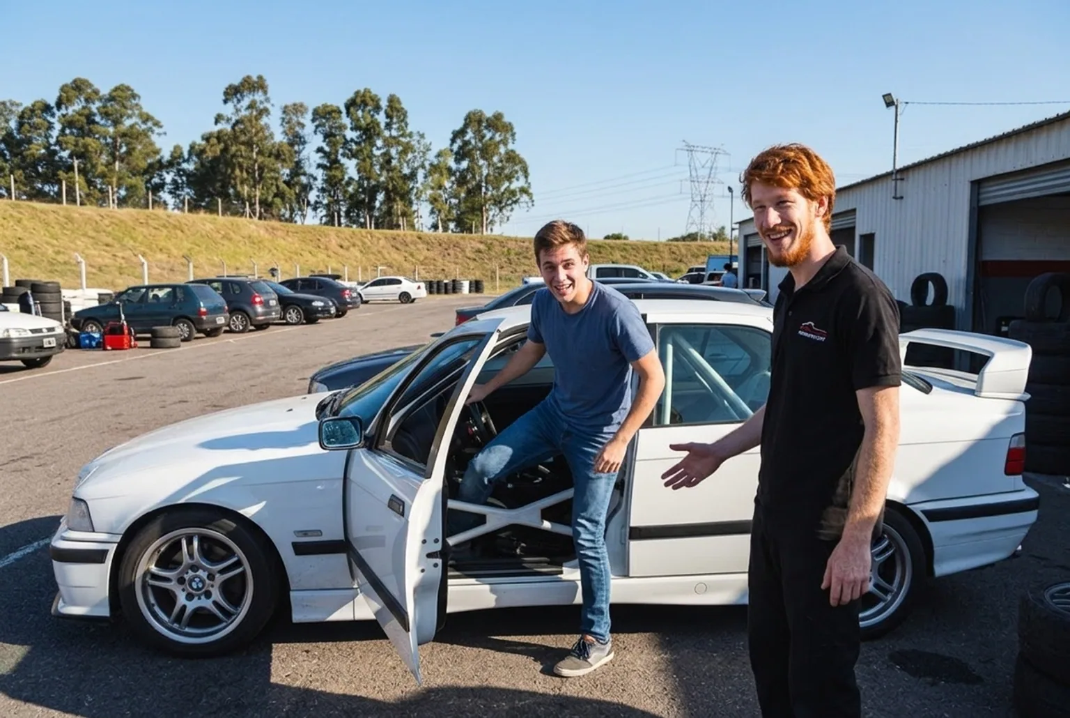 Persona comun subiendose por primera vez a un BMW E36 preparado para drift en un autodromo de Buenos Aires