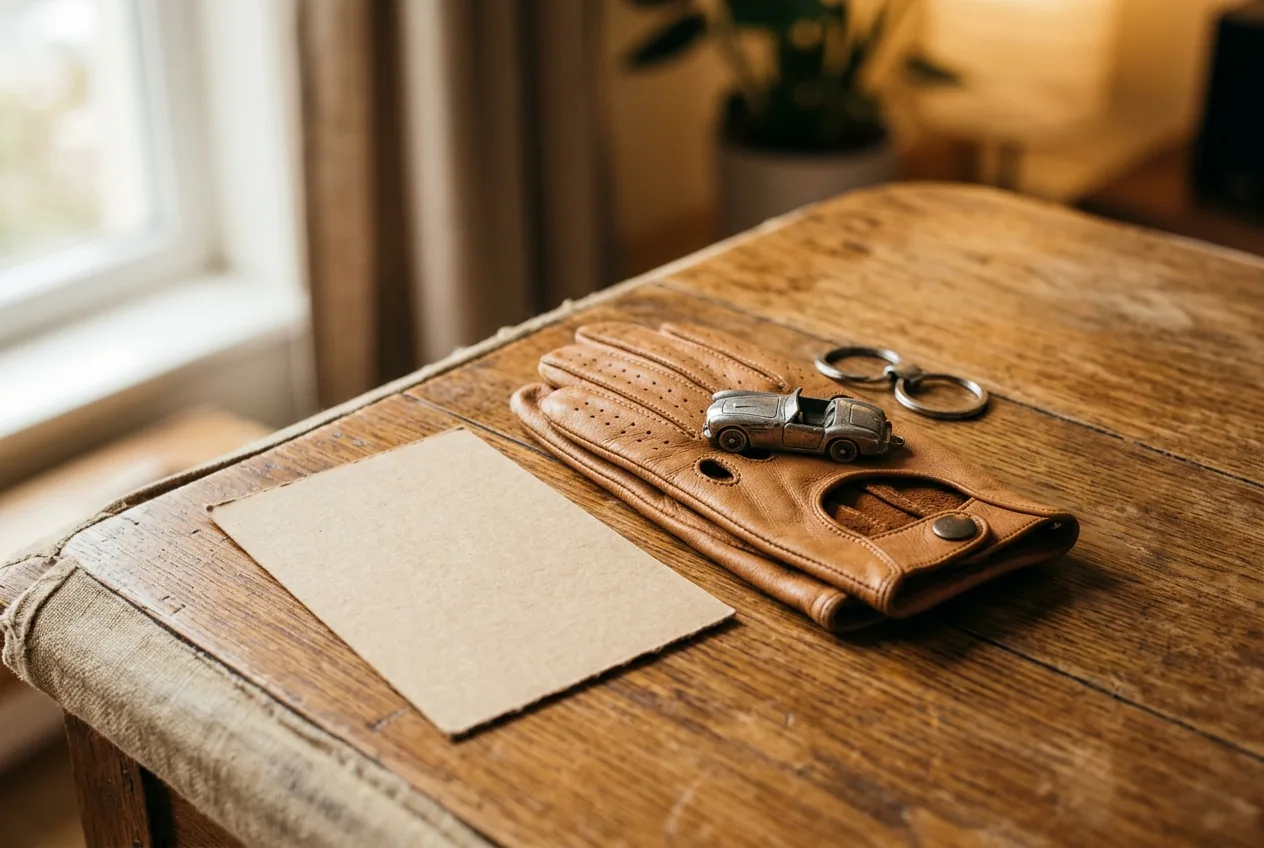 Guantes de manejo, un llavero de auto y una tarjeta en blanco sobre una mesa de madera, objetos para armar la sorpresa del regalo