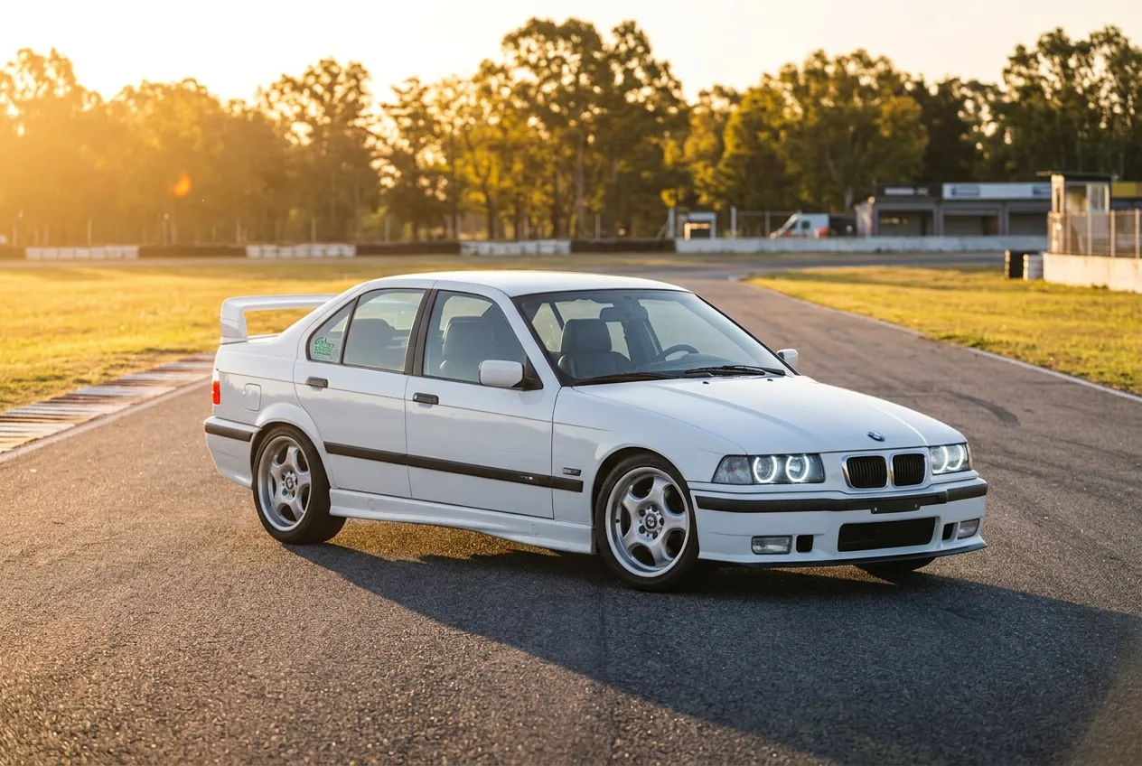 BMW E36 blanco preparado para drift estacionado en la pista al atardecer, la experiencia que desbloquea el regalo