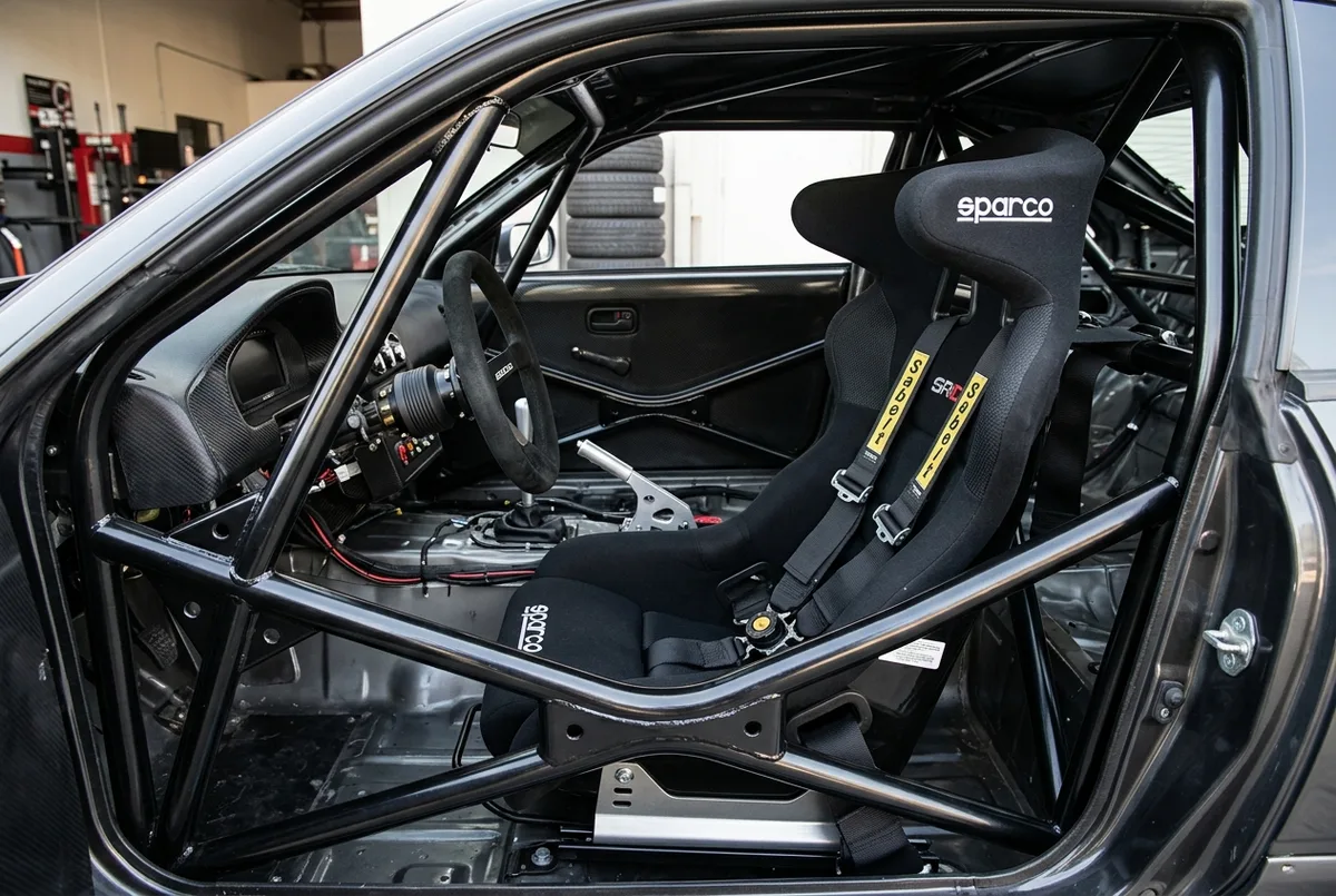 Instrutor de drift com o aluno antes de entrar no carro em pista fechada perto de Buenos Aires
