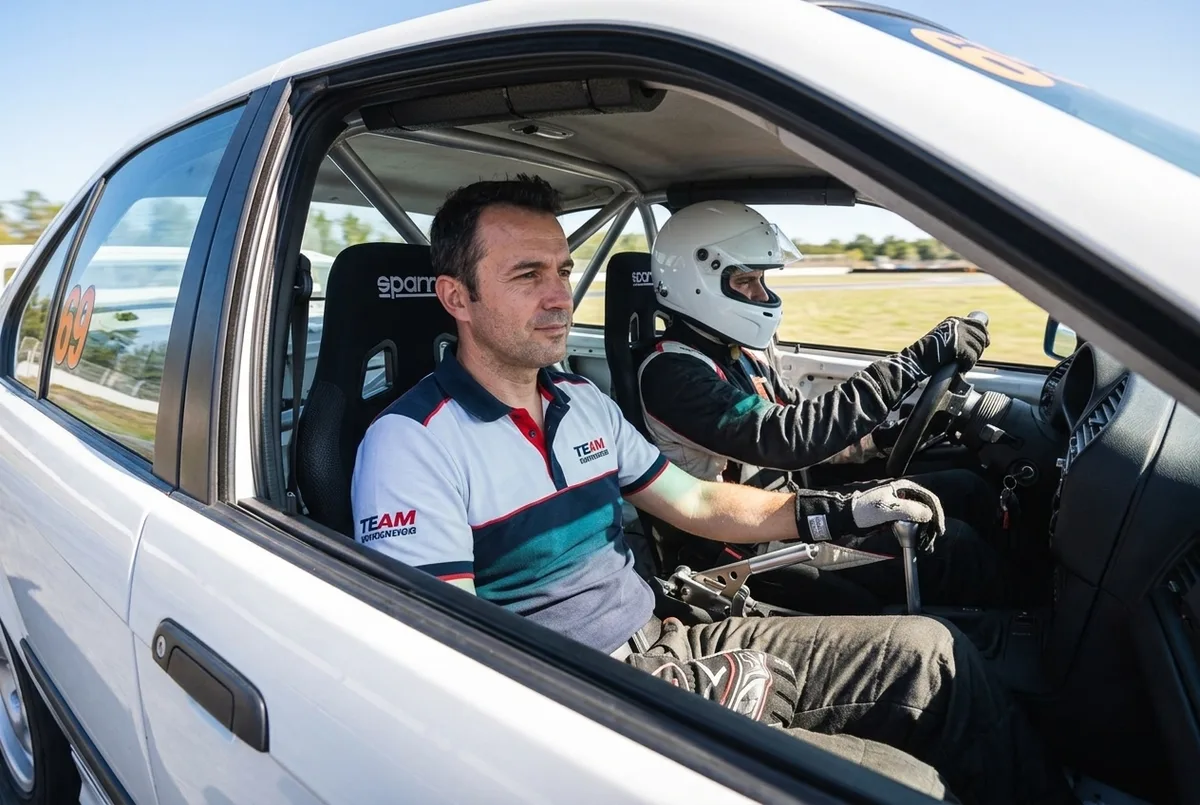 Aluno com capacete fechado homologado e cinto de 4 pontos no banco de competicao do BMW E36 de drift