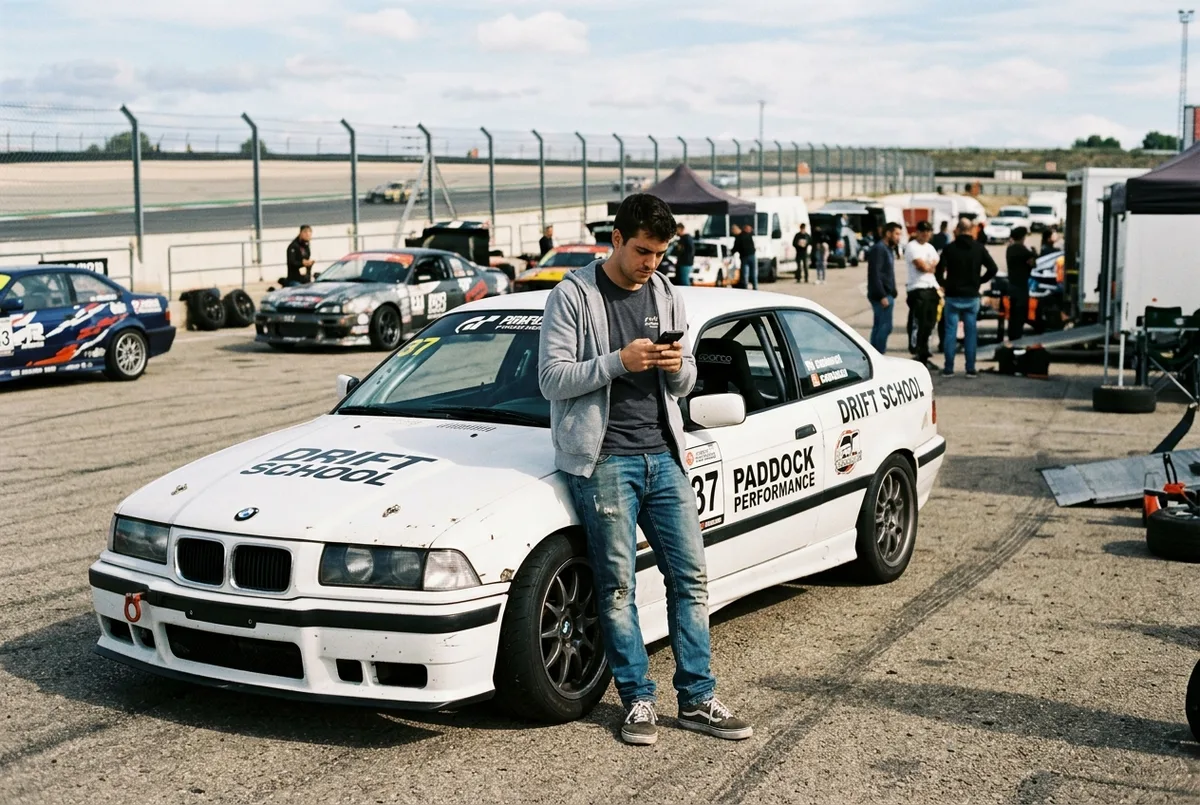 Alumno primerizo iniciando un derrape controlado con instructor — primera clase de drift en Argentina