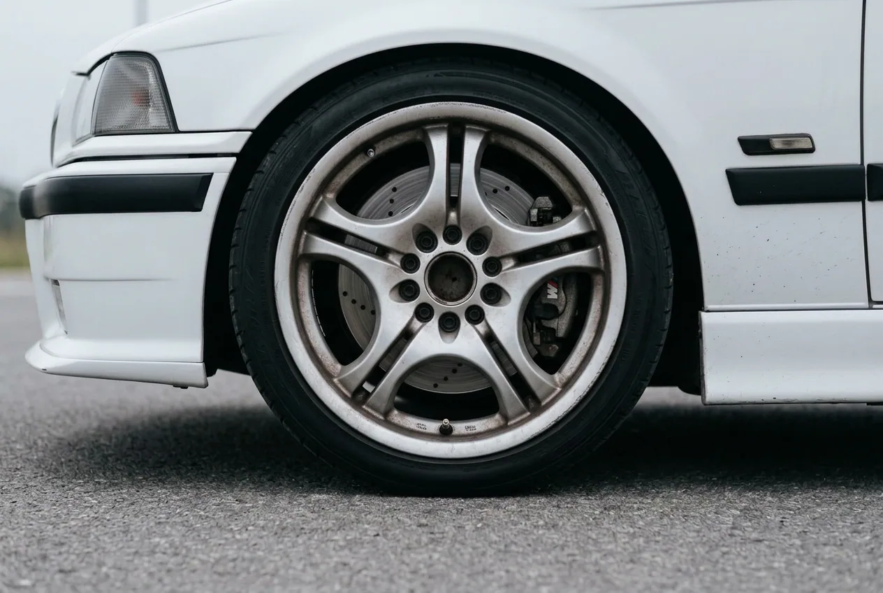 Rueda multirayos del BMW E36 blanco de la escuela de drift en Buenos Aires, primer plano del disco de freno