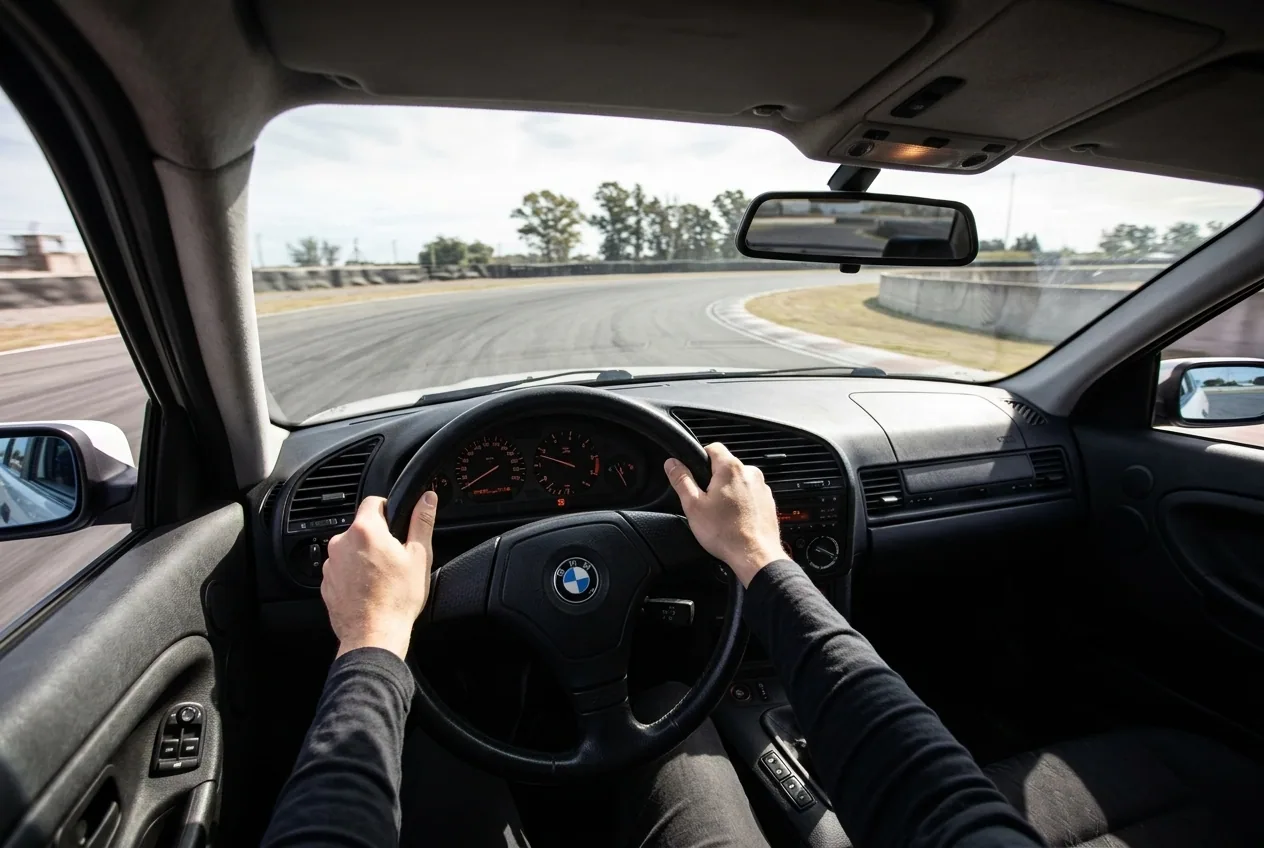 Vista POV desde el asiento del conductor del BMW E36 sujetando el volante en contravolante durante una clase de drift