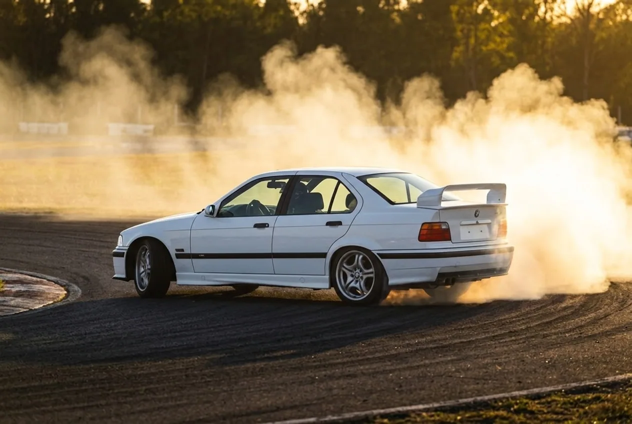 BMW E36 blanco en pleno drift con angulo y humo en el autodromo de Buenos Aires, vista trasera tres cuartos