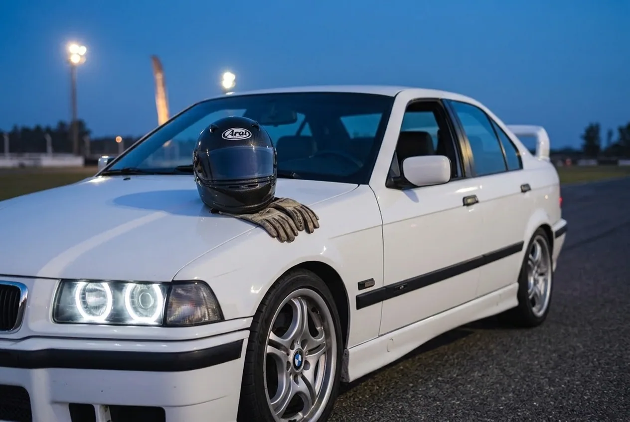 Casco y guantes de la clase de drift apoyados sobre el guardabarros del BMW E36 blanco al atardecer