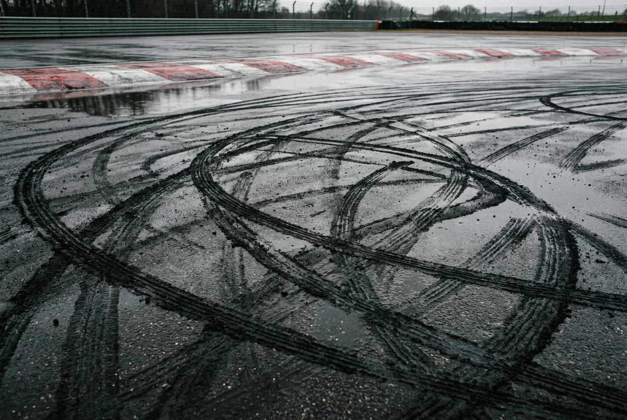 Marcas de neumaticos de drift sobre el asfalto mojado del autodromo donde entrena la escuela en Buenos Aires
