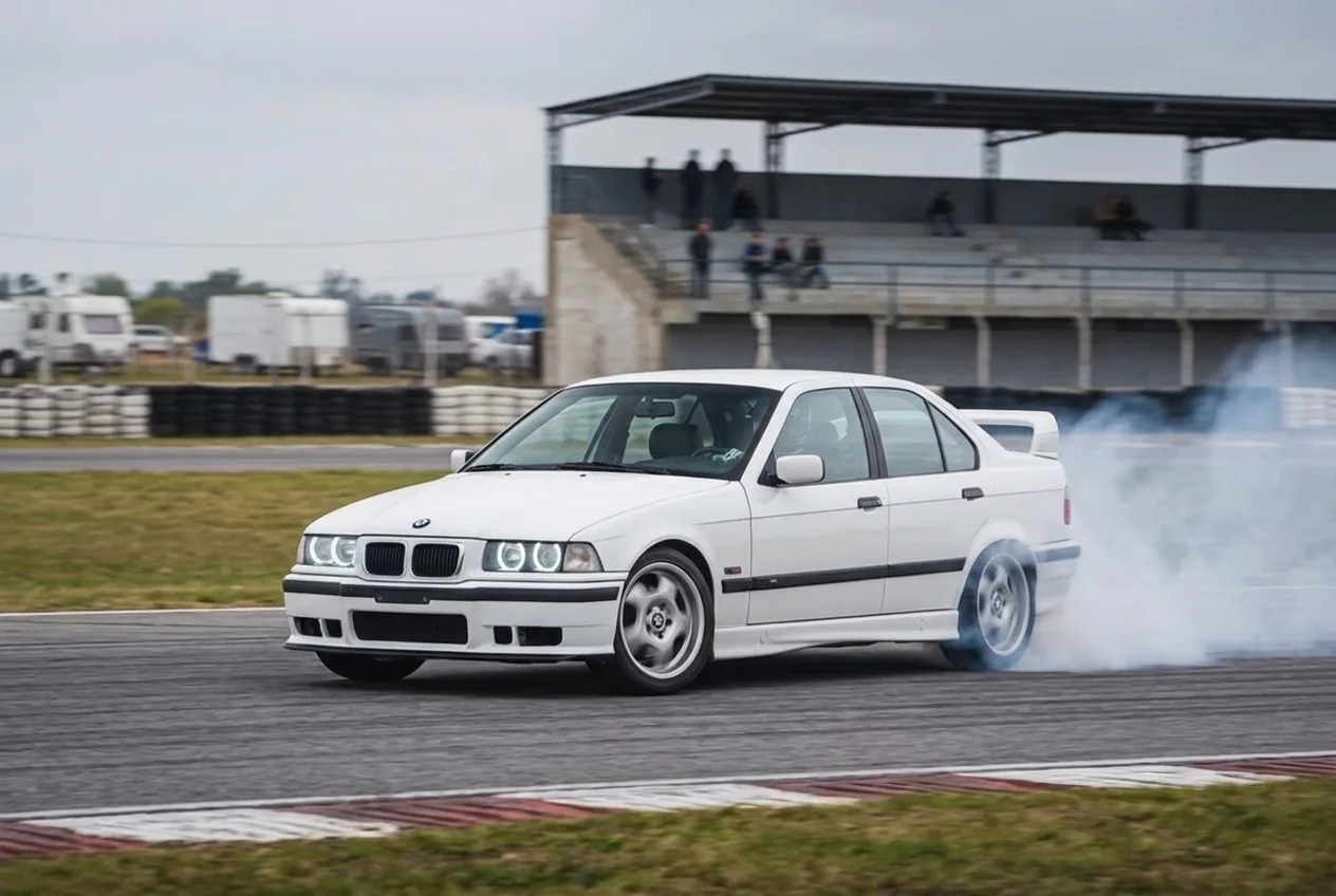 BMW E36 con humo en las gomas traseras frente a una tribuna en un autodromo cerrado del Gran Buenos Aires