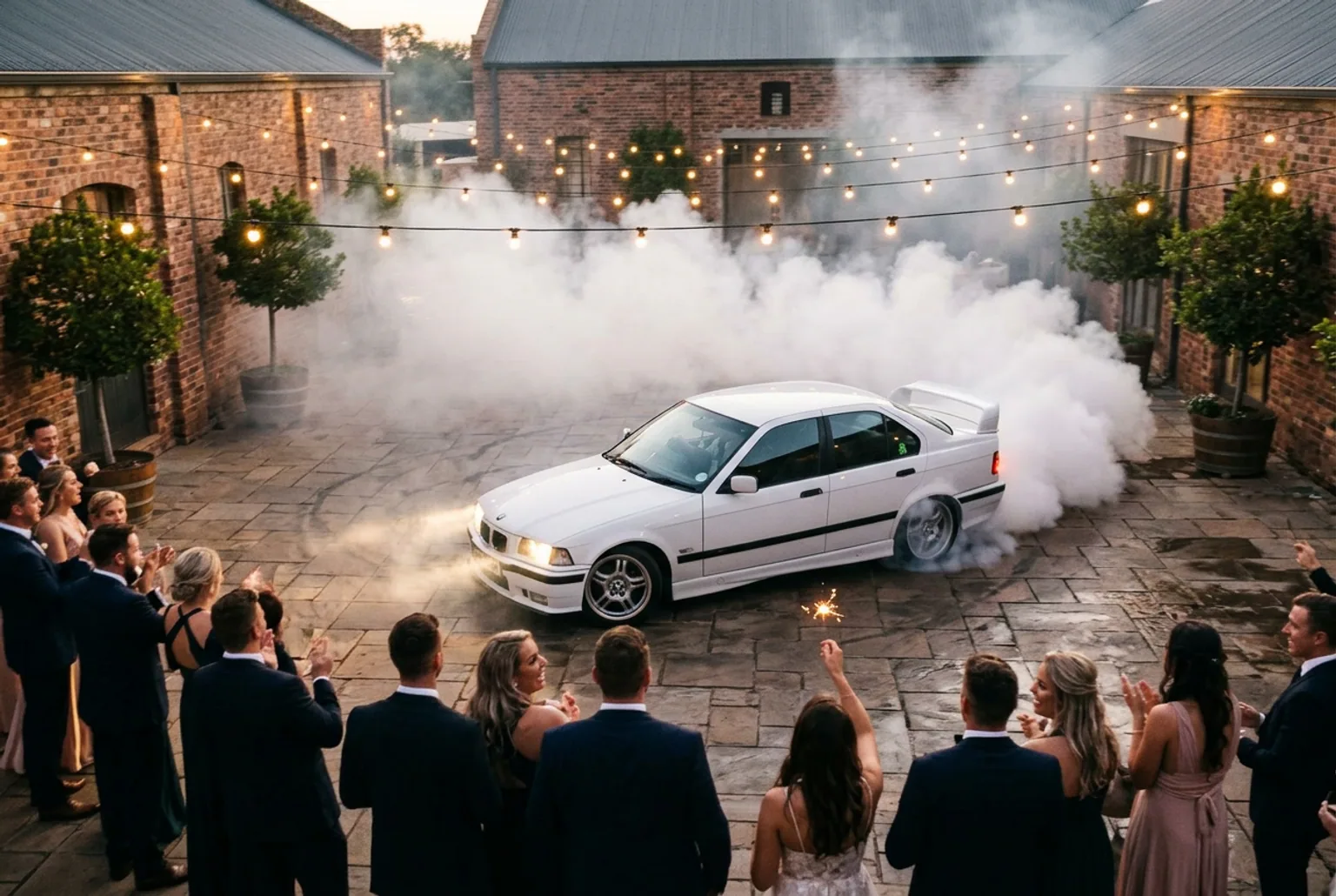 Novios mirando un show de drift en su casamiento, el auto derrapando entre humo