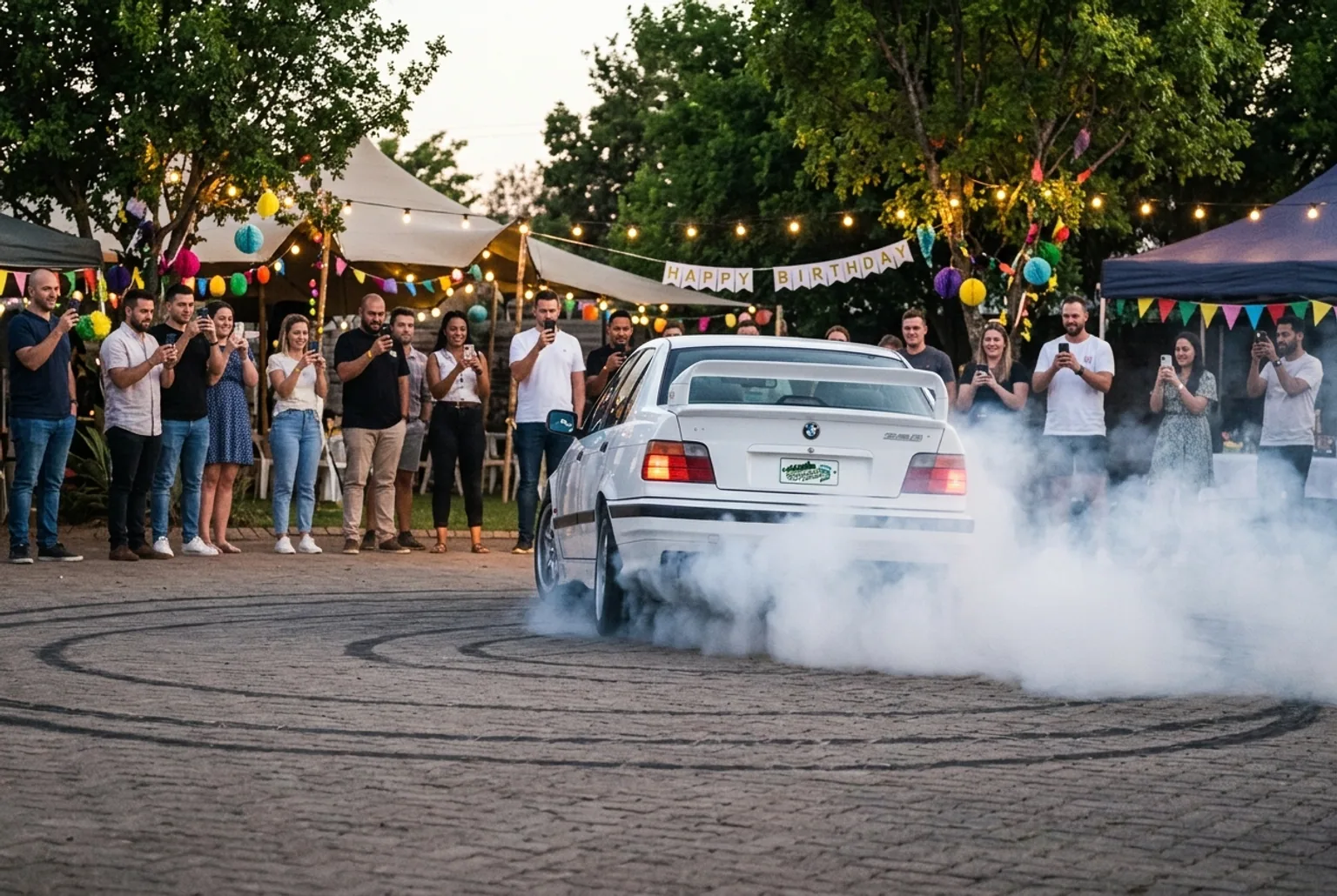 Festejo de cumpleaños con un show de drift y humo de las cubiertas como atracción central