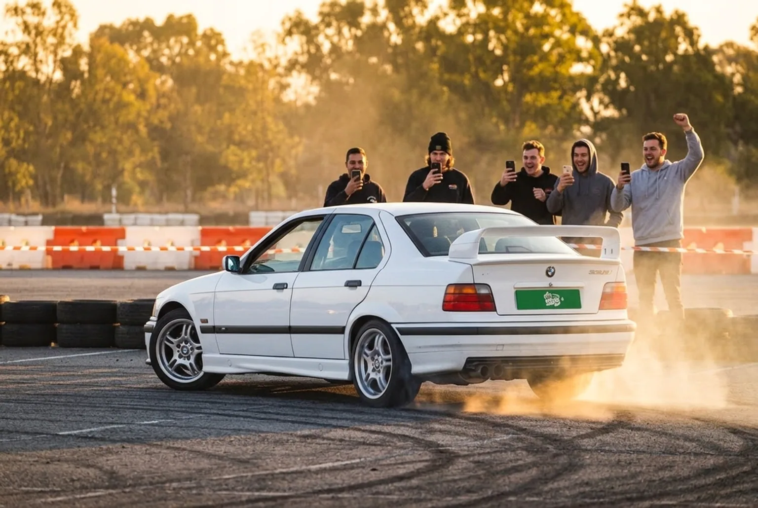 Grupo de amigos en una despedida de soltero frente a un show de drift
