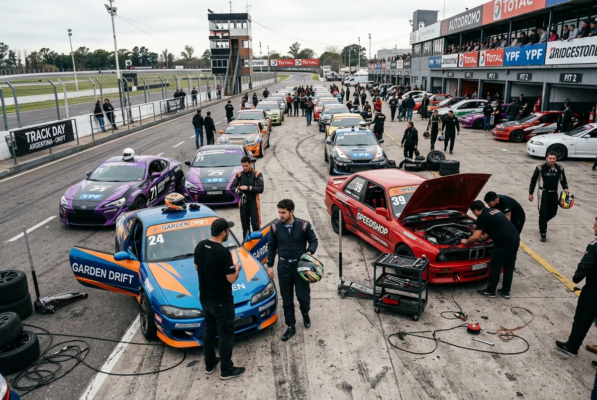 Grilla de autos de drift en el paddock de un autodromo argentino durante un track day 2026