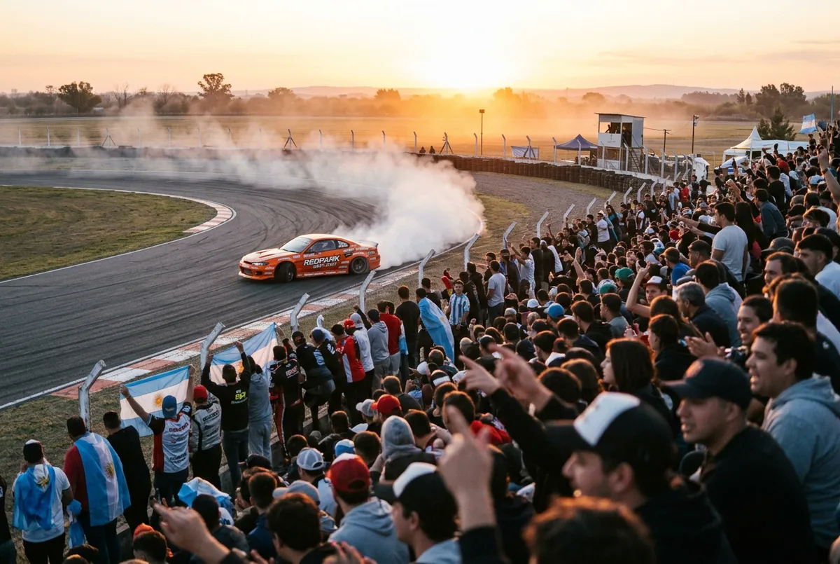 Tribuna con publico mirando una competencia de drift en un autodromo de Argentina al atardecer