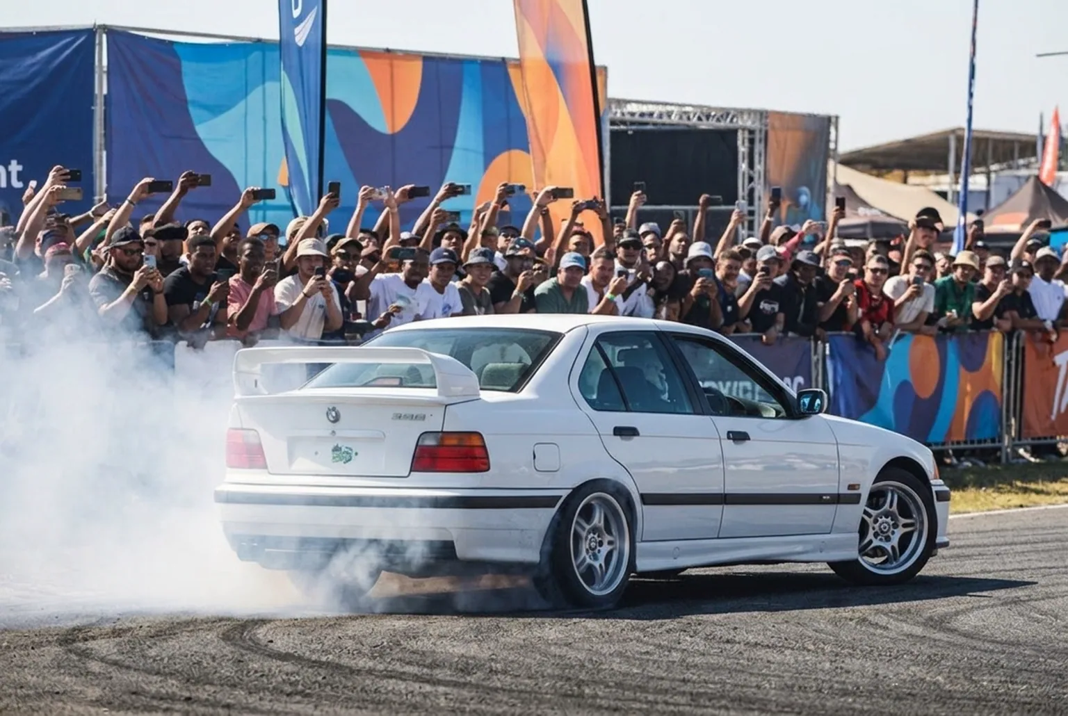 Activación de marca con un BMW branded haciendo drift en un evento corporativo
