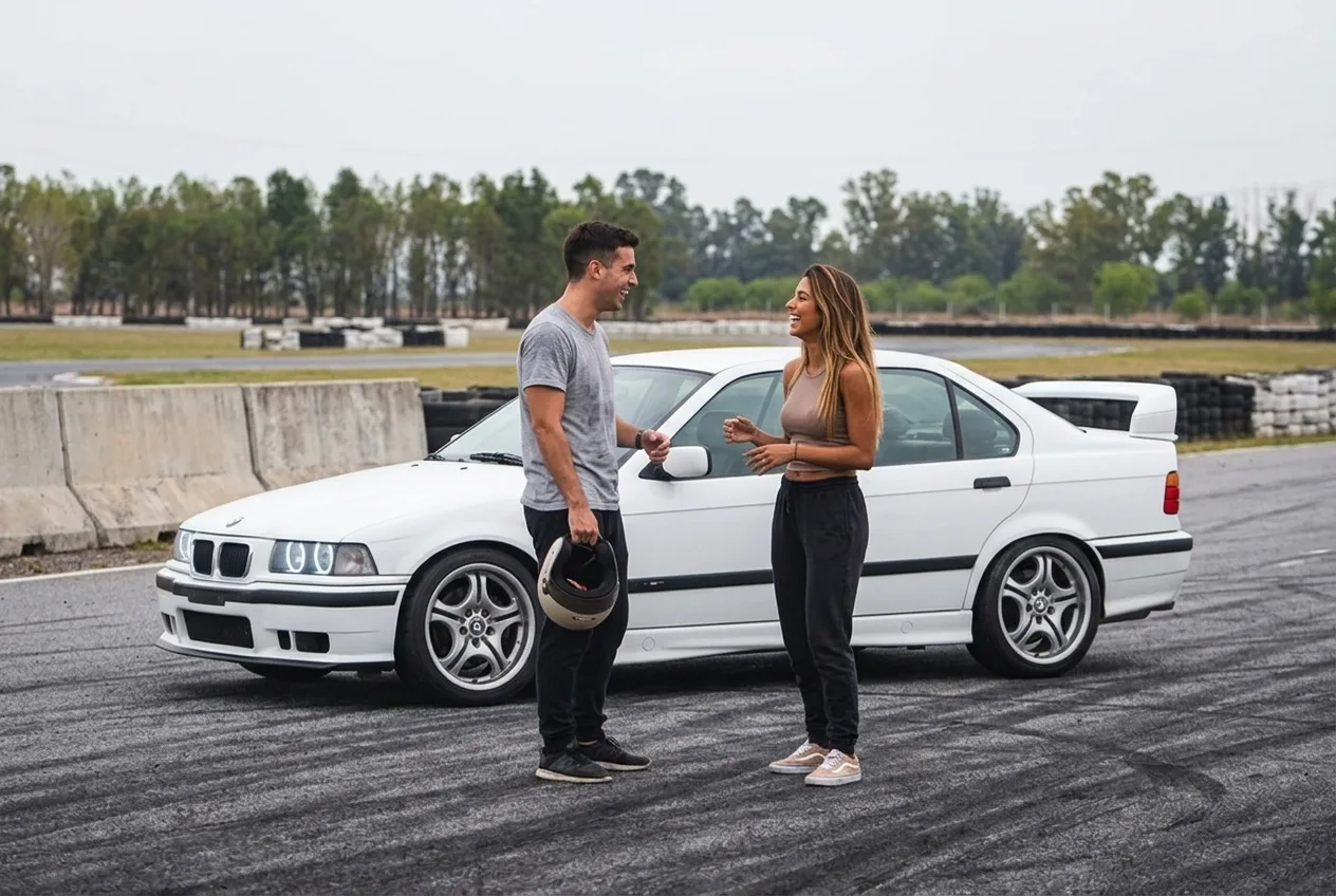 Pareja chocando los cinco al lado del BMW E36 de drift, cascos en mano, en el autodromo cerrado cerca de Buenos Aires tras su turno al volante