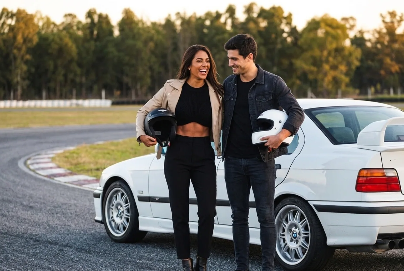 Pareja viviendo una experiencia para dos manejando un BMW E36 de drift en autodromo cerrado cerca de Buenos Aires