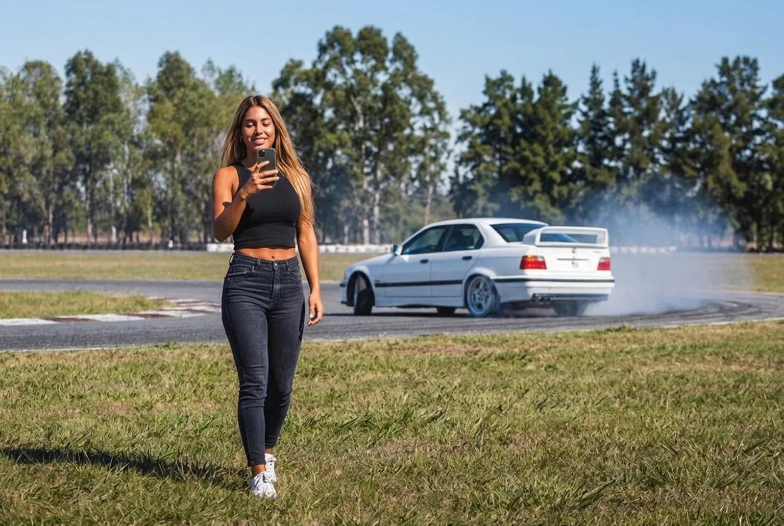 Una persona filma desde un lugar seguro de la pista mientras la otra maneja el auto de drift en su experiencia para dos