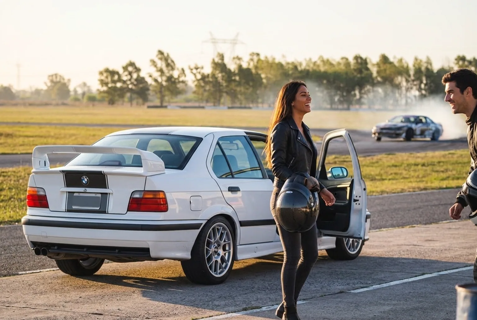Pareja con casco al lado del BMW E36 antes de empezar su experiencia para dos de drift en el autodromo