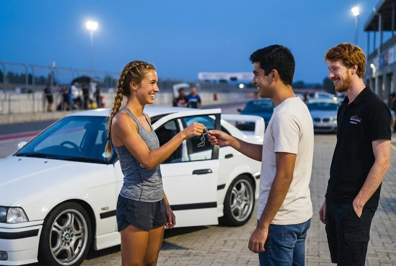 Pareja joven intercambiando un regalo junto al BMW E36 blanco con el instructor pelirrojo de fondo, experiencia de drift como regalo en Buenos Aires