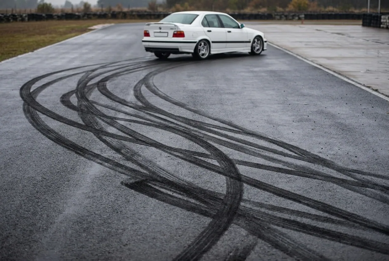 Marcas de neumatico de drift sobre el asfalto humedo del autodromo con el BMW E36 blanco al fondo, rastro de la experiencia regalo en Buenos Aires