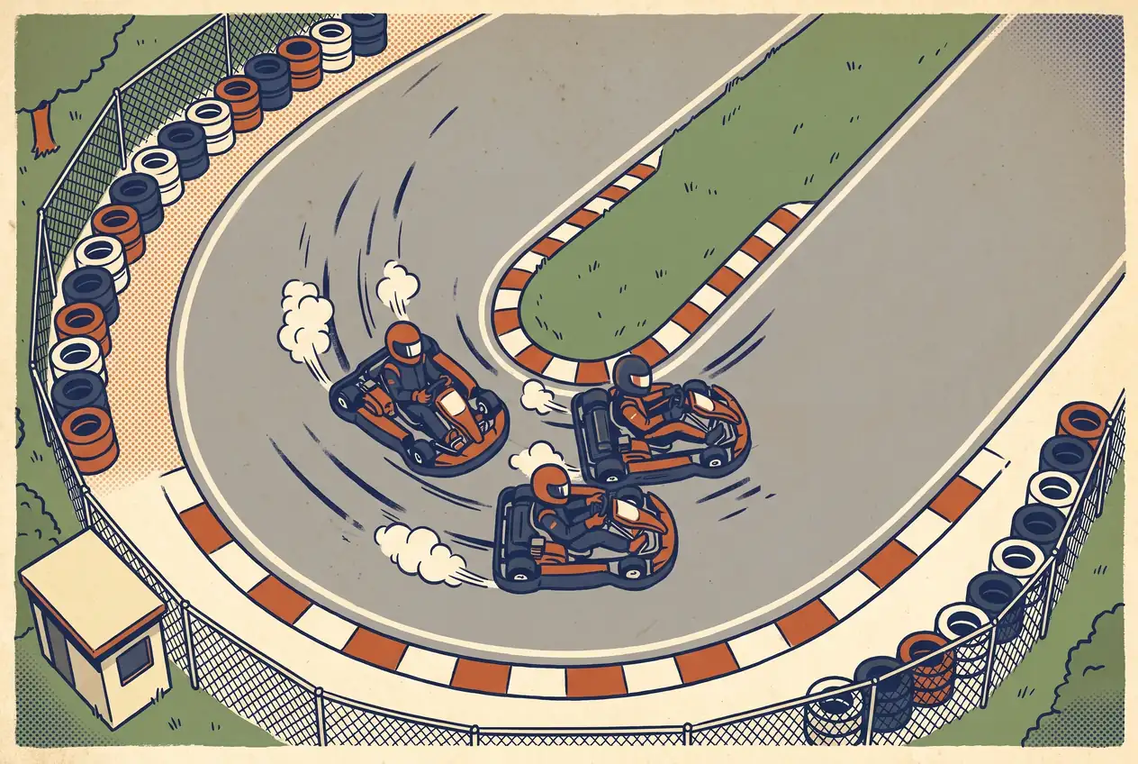 Vista aérea de una horquilla de kartódromo con karts frenando juntos entre pianos y barreras de gomas