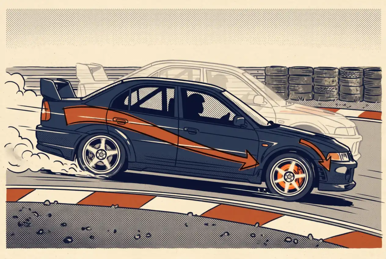 Auto de carrera de perfil frenando antes de una curva, con flechas que muestran el peso yendo hacia adelante