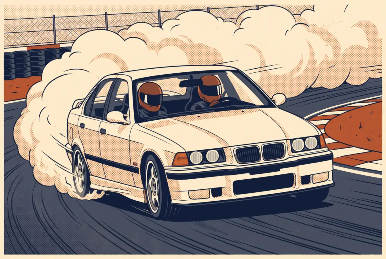 BMW E36 blanco de la escuela derrapando en pista cerrada, con alumno e instructor de casco adentro