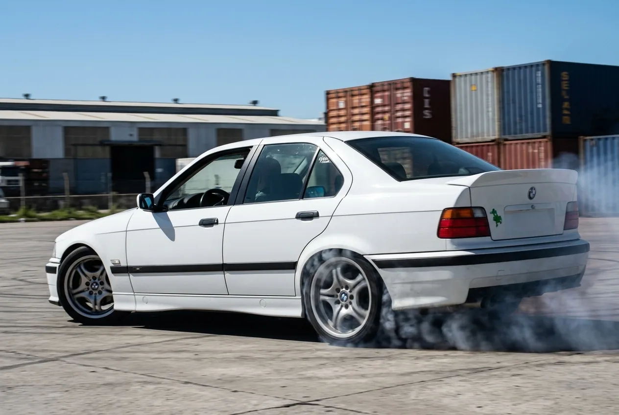 BMW E36 blanco con las ruedas traseras bloqueadas y humeando, la cola saliendo al romper la tracción del eje trasero