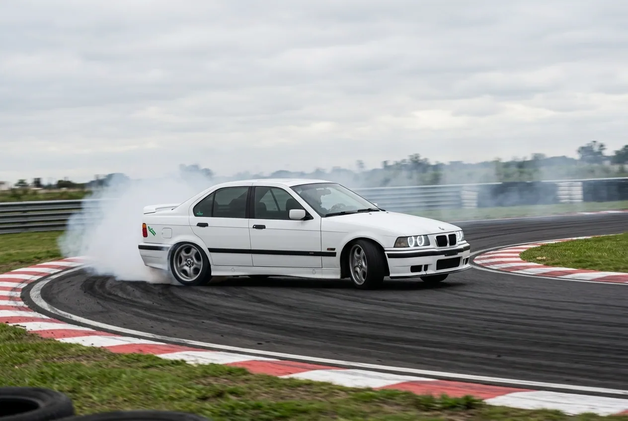 BMW E36 blanco cruzado de costado atravesando una horquilla cerrada de circuito con humo de neumáticos