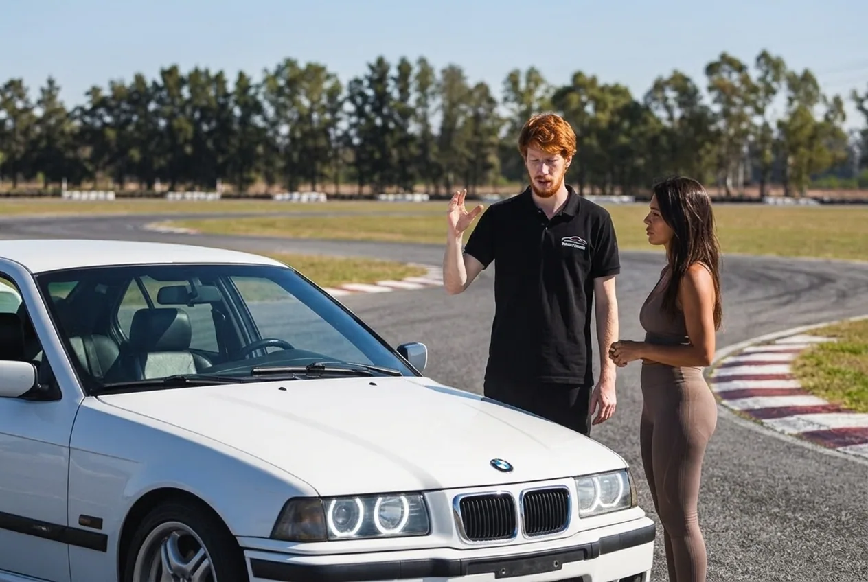 Instructor de drift pelirrojo explicando la técnica del freno de mano a una alumna junto al BMW E36 en la pista